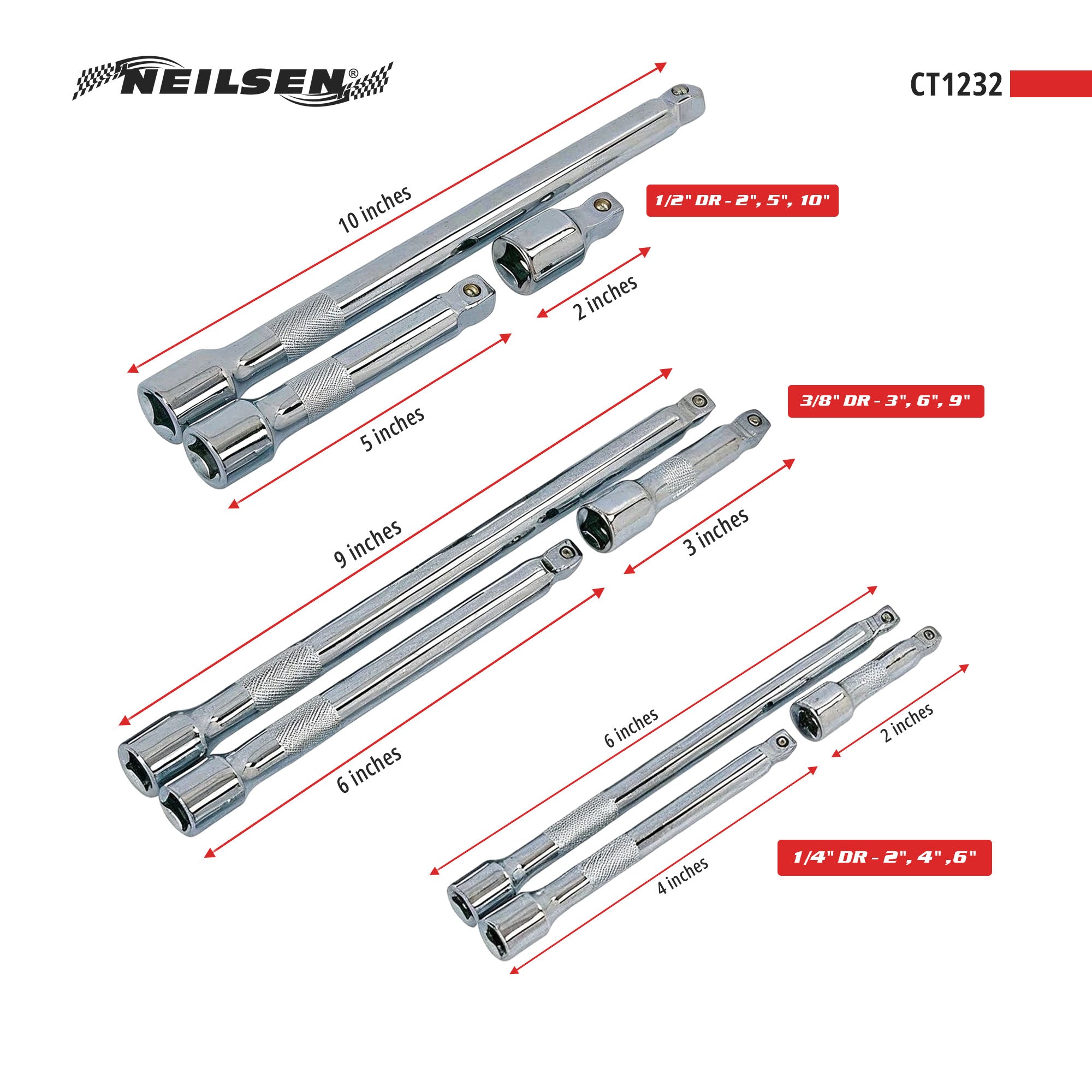 CT1232 - 9pc Mixed Drive Extension Bar Set