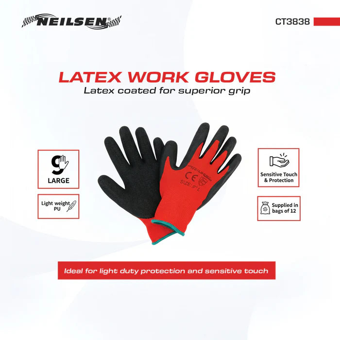 CT3838 - 12 Pack Latex Work Gloves Size 9 Large