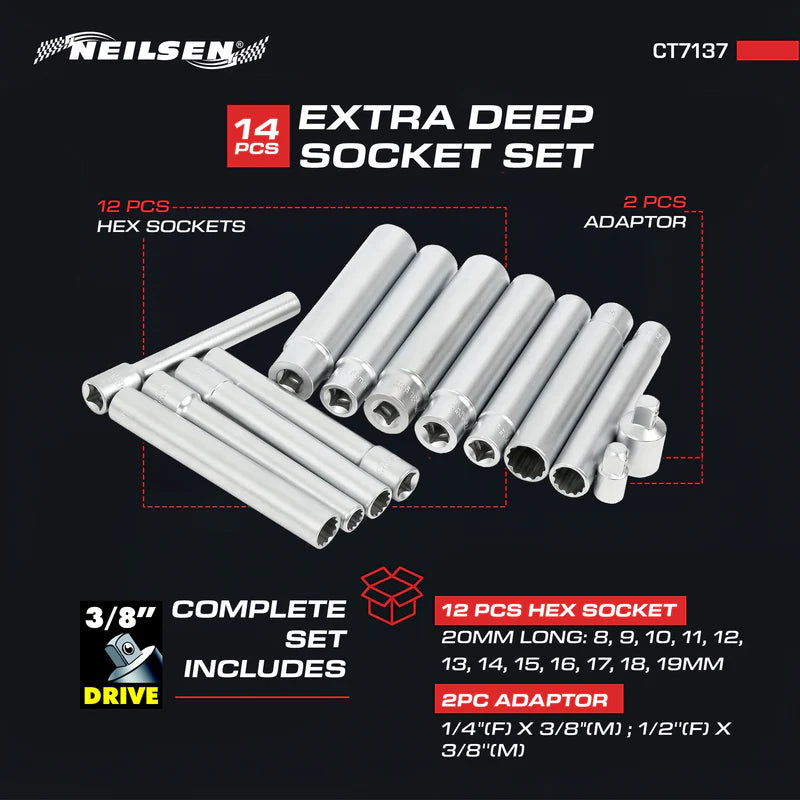 CT7137 - 14pc 3/8 Inch Dr Extra Deep Socket Set 8-19mm