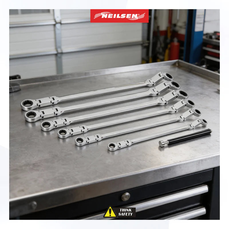 CT7155 - 7pc Extra Long Double Joint Flexible Head Ratchet Wrench With Pick Up Tool
