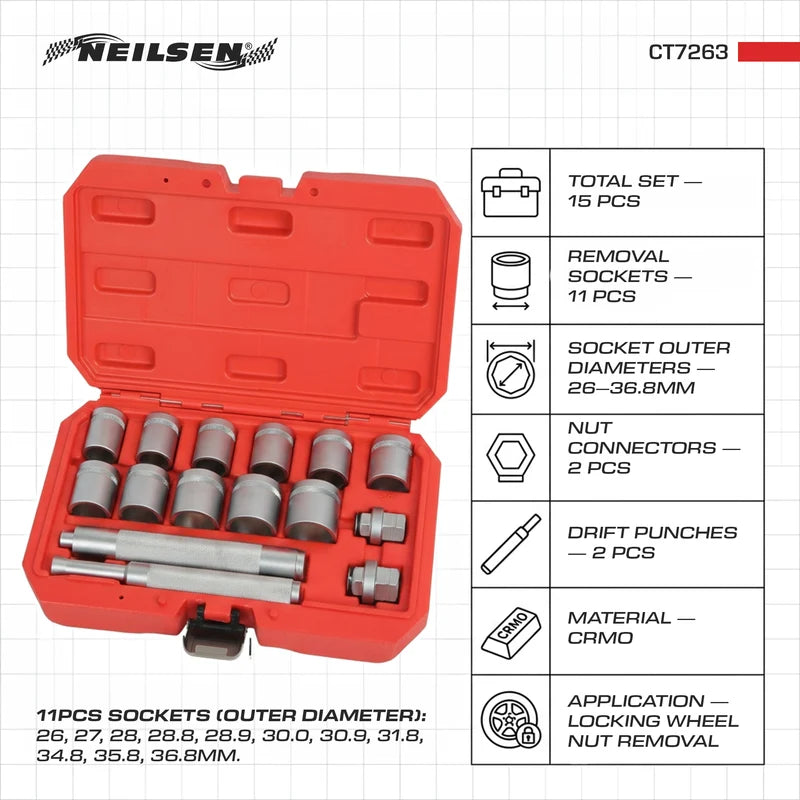 CT7263 - 15pcs Locking Wheel Nut Removal Kit