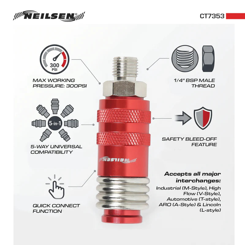 CT7353 - 5 IN 1 Universal Safety Exhaust Quick Connect Industrial Coupler 1/4" NPT Male