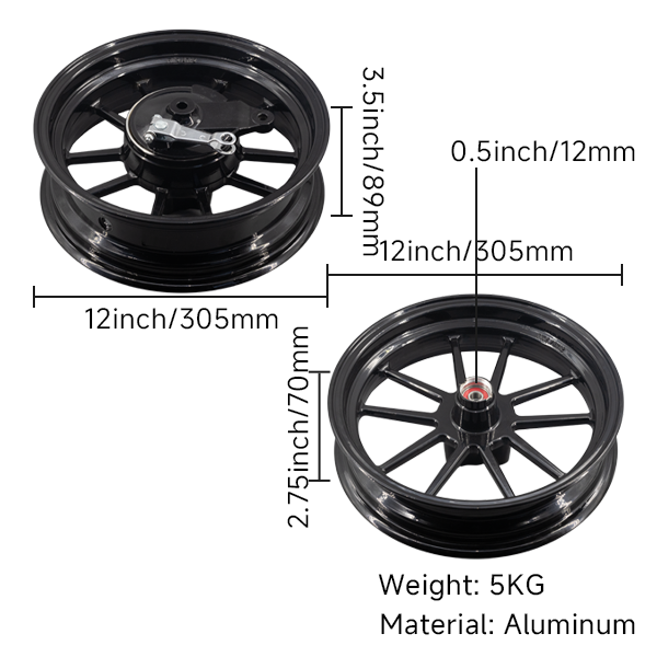 BS2325 - DX 12" TUBELESS RIMS IN BLACK BUILT IN REAR BRAKE HUB 2.75 FRONT 3.5 REAR