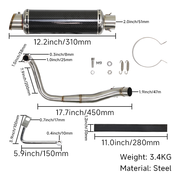 BS3454 - Stainless Steel pipe carbon styje muffer down swept Exhaust Dax Monkey Skyteam Zhenhua Euro 4