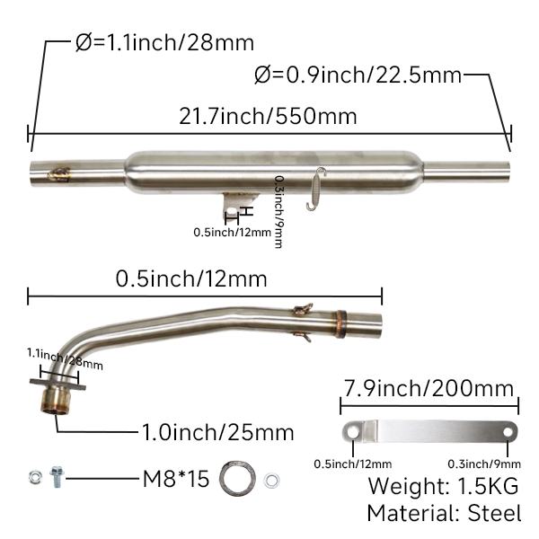 BS3843 - Exhaust For CUB Bike Down Swept S/Steel
