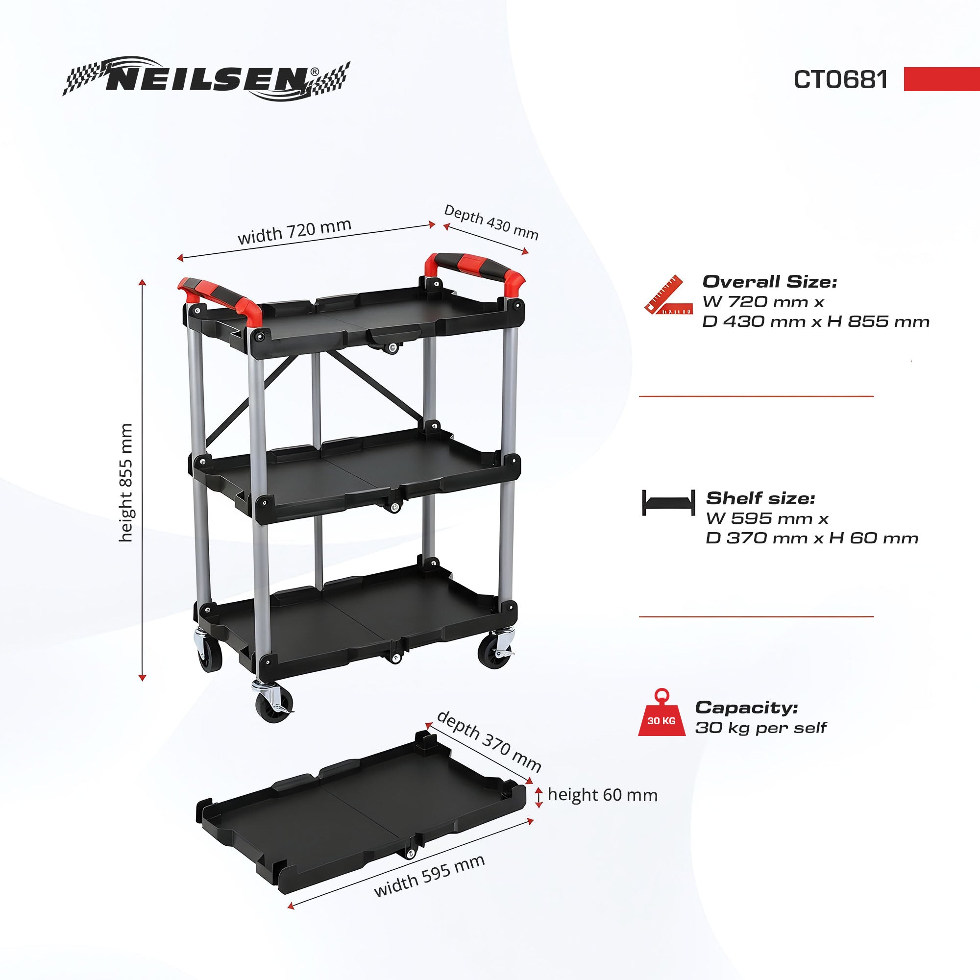 CT0681 - Folding Workshop Trolley 3 Shelf