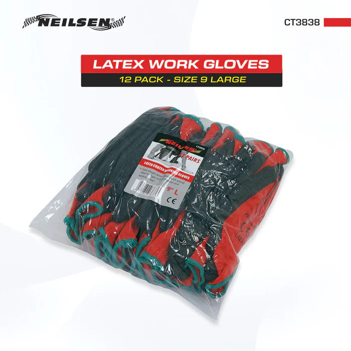 CT3838 - 12 Pack Latex Work Gloves Size 9 Large