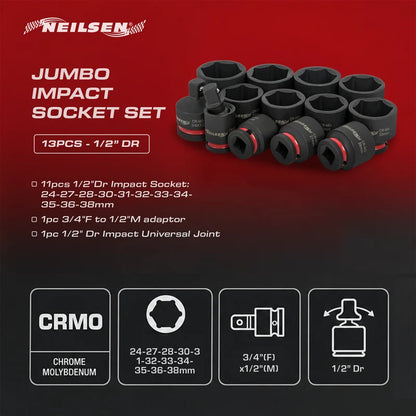 CT7113 - 13pc Jumbo Impact Socket Set 1/2"DR 24-38mm