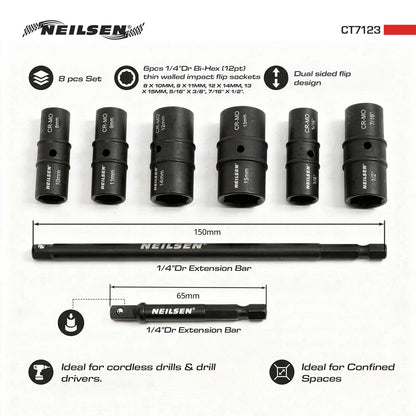 CT7123 - 8pc 1/4inch Double Ended Thin Wall Socket Set