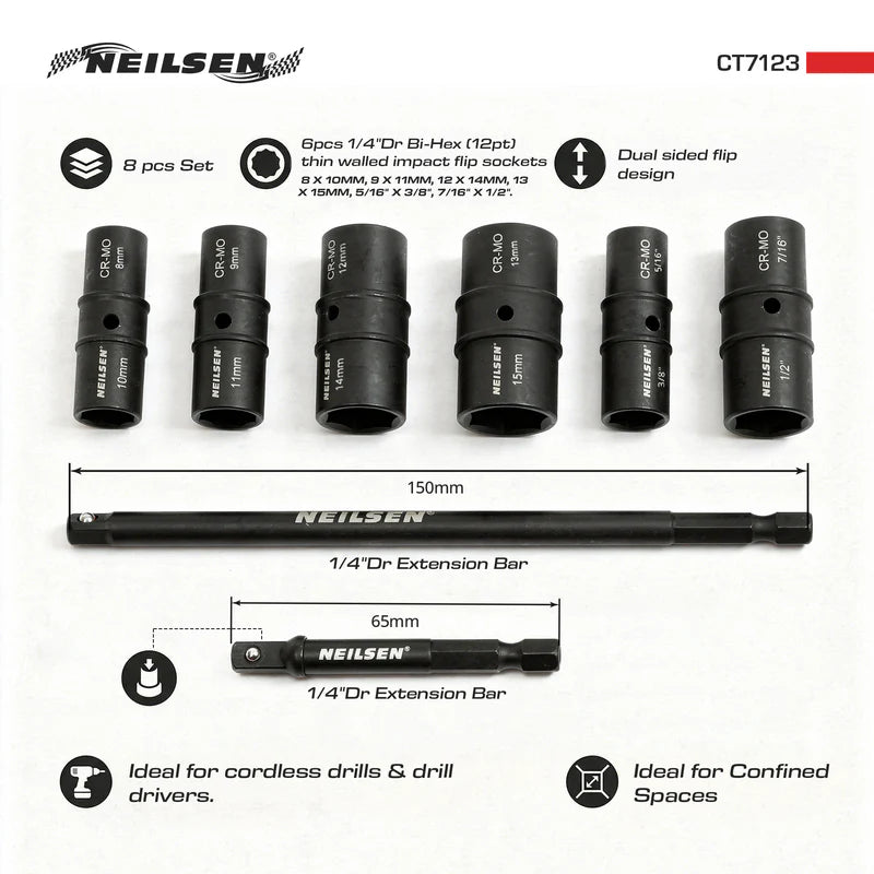 CT7123 - 8pc 1/4inch Double Ended Thin Wall Socket Set