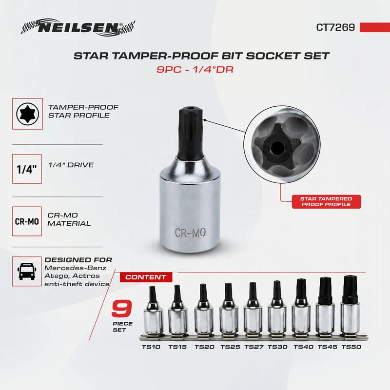 CT7269 - 9pc 1/4"Dr Star Tamper-Proof Bit Socket Set