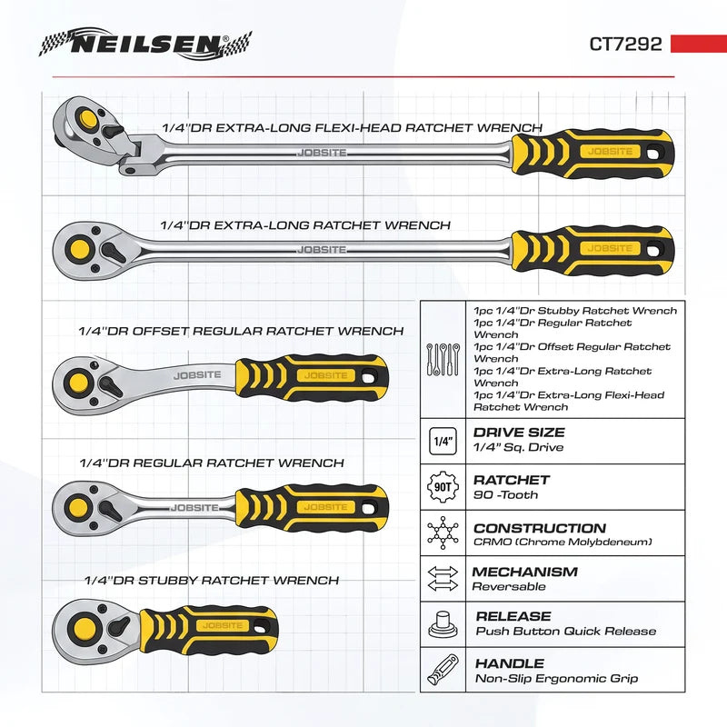 CT7292 - 5pcs 1/4"Sq Drive Reversible Ratchet Set 90T