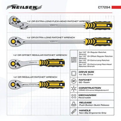 CT7294 - 4pcs 1/2"Sq Drive Reversible Ratchet Set 90T