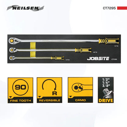 CT7295 - 3pcs Extra Long Ratchet Set 1/2", 3/8", 1/4"DRIVE, 90T