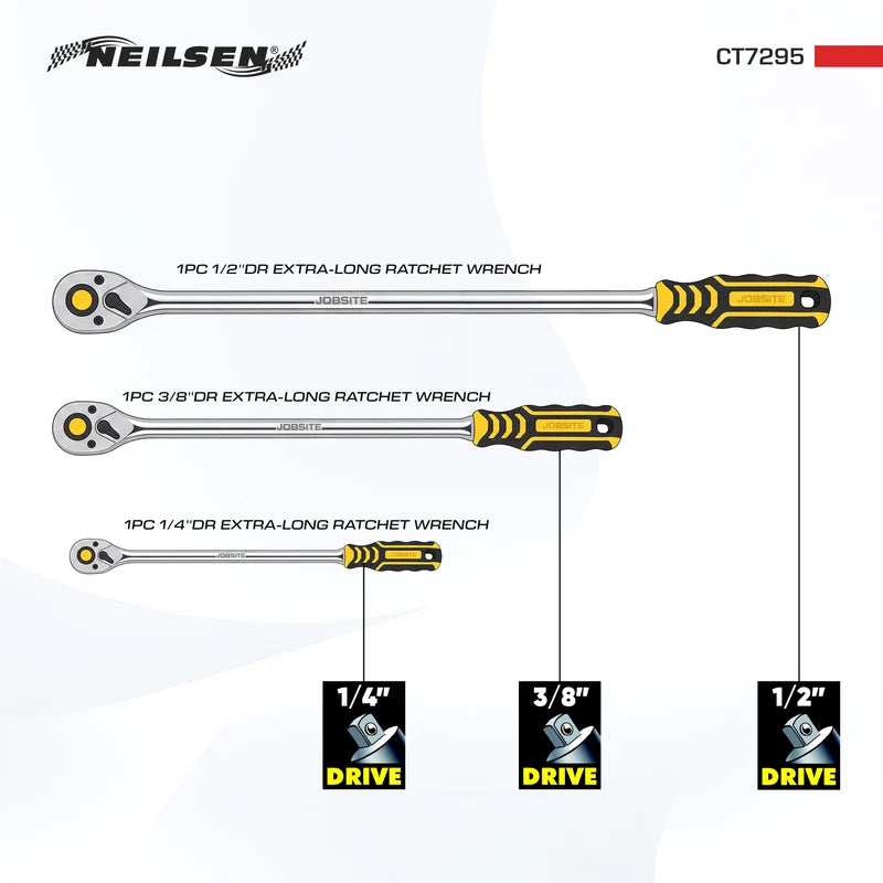 CT7295 - 3pcs Extra Long Ratchet Set 1/2", 3/8", 1/4"DRIVE, 90T