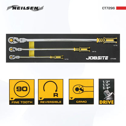CT7296 - 3pcs Extra Long Flexible Ratchet Set  1/2", 3/8",1/4"DRIVE, 90T