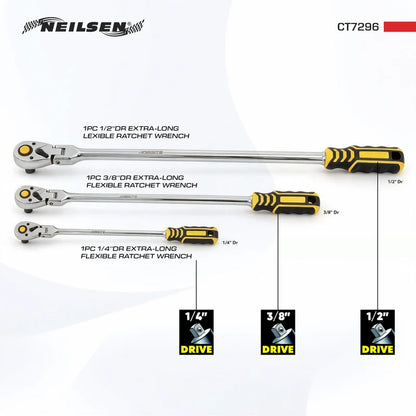 CT7296 - 3pcs Extra Long Flexible Ratchet Set  1/2", 3/8",1/4"DRIVE, 90T