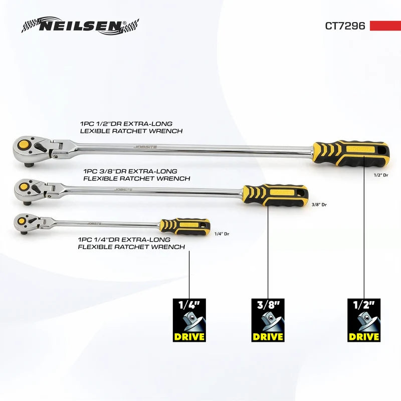 CT7296 - 3pcs Extra Long Flexible Ratchet Set  1/2", 3/8",1/4"DRIVE, 90T